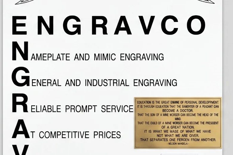 Showroom board with cut letters spelling Engravco and an engraved brass plaque